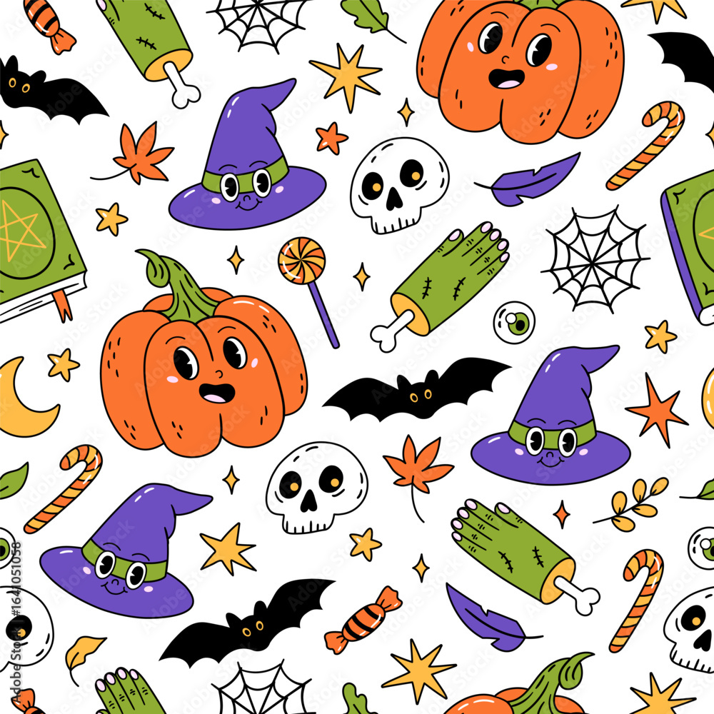 Naklejka premium Halloween seamless pattern with pumpkin, hat, bat . Hand drawn vector illustration for wrapping paper, textile, fabric.