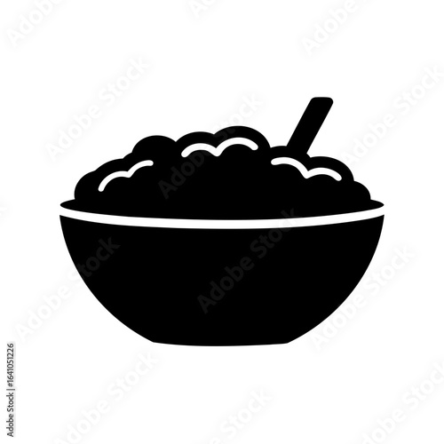 Black and white icon of a bowl of food with a spoon