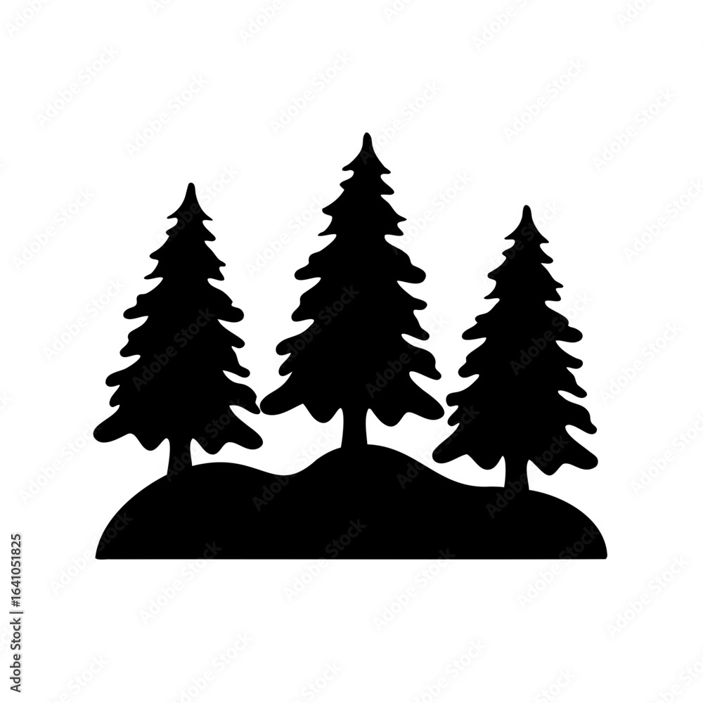 Obraz premium Three pine trees standing on a hill silhouetted against a white background