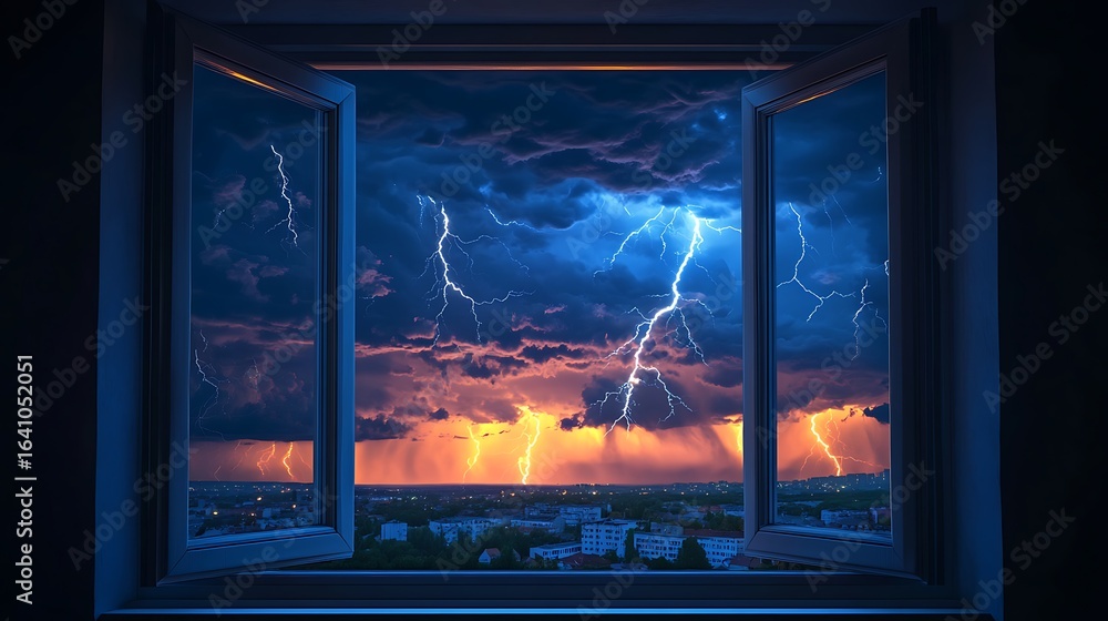Obraz premium Stormy night view through open window