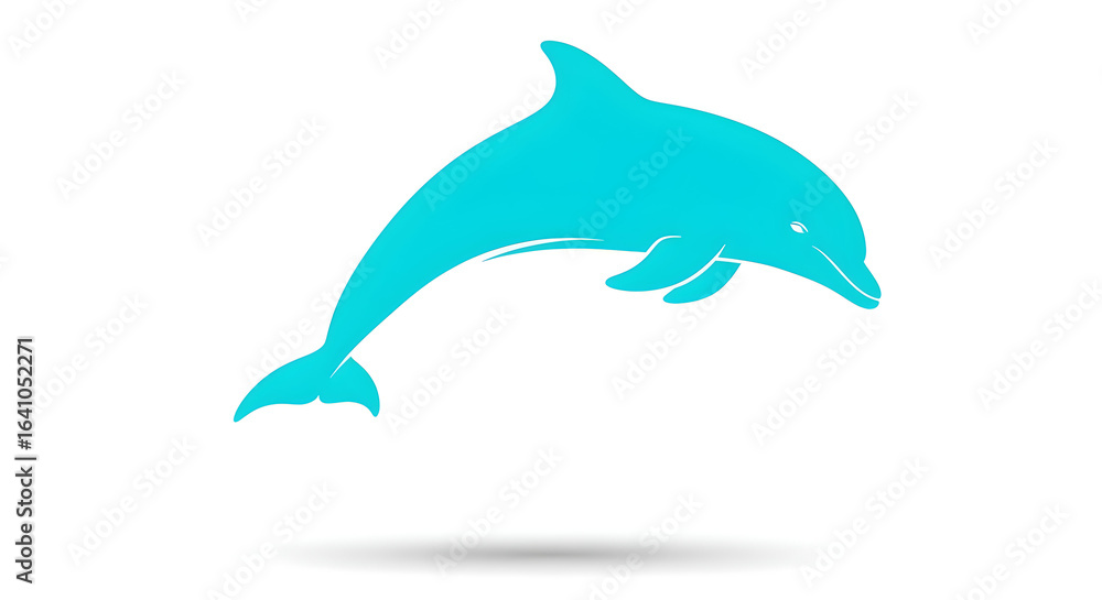 Fototapeta premium A bright cyan dolphin silhouette jumping, isolated on a white background with a soft shadow.