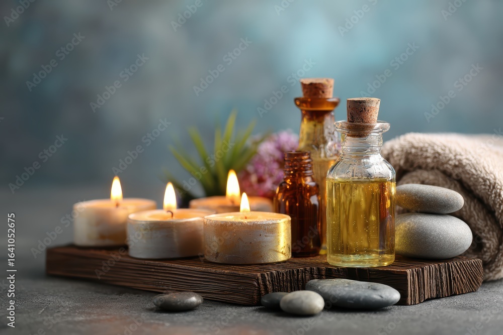 Tranquil Spa Setup with Candles, Essential Oils, Stones, and Soft Textiles for Relaxation and Wellness Experience Tranquil Spa Setup with Candles, Essential Oils, Stones, and Soft Textiles for Relaxation and Wellness Experience