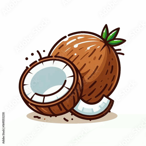 A cartoon illustration of a whole coconut with leaves and a cutopen half with a small piece beside it