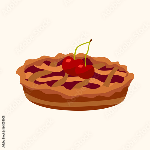 Cherry pie with lattice crust and cherries on top. Sweet treat mood. For print, recipe cards, cafe menus, classroom materials and decor.