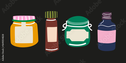 Set of colourful doodle glass jars for jam, conservation, spices, loose products in cartoon groovy style. Hand drawn bright kitchen glassware in retro 90s. Vector illustration