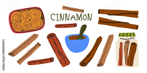 Cinnamon spices in sticks and powder. Cinnamon roll. Aromatic spices set in retro cartoon style. Hand drawn ingredients for baking, desserts, sweet food. Spices doodle groovy stickers