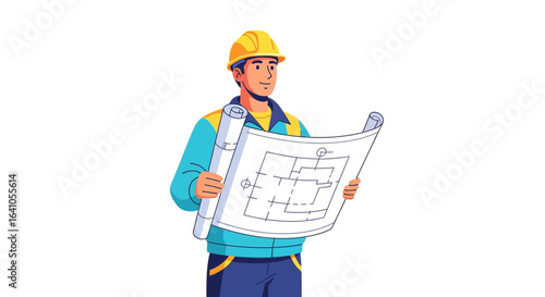 An architect in a yellow hard hat studies the architectural plan details