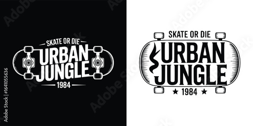 Urban Jungle 1984 skateboard emblem with bold typography and vintage style for streetwear, poster, and t shirt design