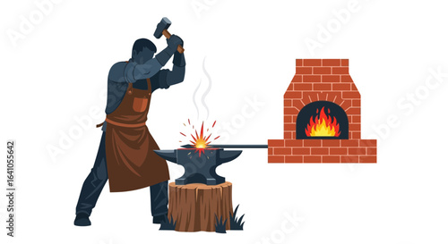Blacksmith Shaping Metal with Hammer Near Furnace in Traditional Smithy