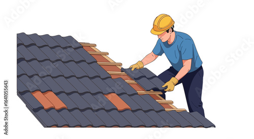 Cartoon illustration of a roofer installing roofing tiles on a building