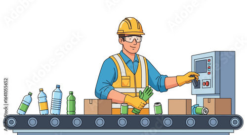 Cartoon illustration of worker at conveyor belt recycling factory setting machine