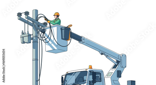 Cartoon illustration of a technician repairing power lines from a bucket truck