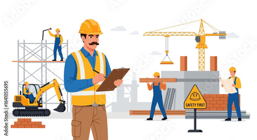 Construction site supervisor with workers and machinery illustration