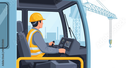 Crane operator inside cabin controls construction site equipment