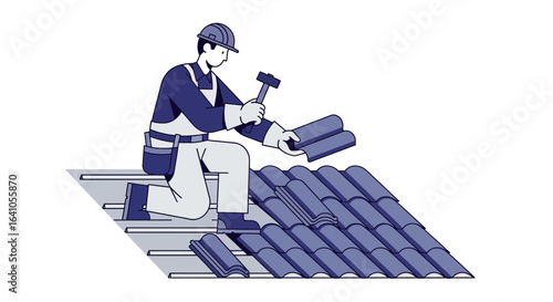 Craftsperson Installing Roof Tiles Depicting Skill and Precision Vector Art
