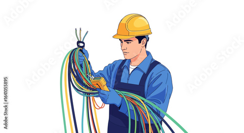 Electrician examining cables with multimeter for professional maintenance