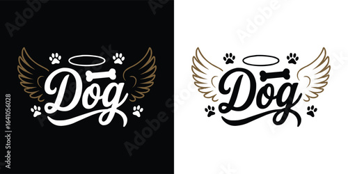 Dog angel wings halo and paw prints emblem in decorative script for pet memorial, apparel, and t shirt design