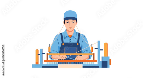 Illustration of a man working on a loom, engaging in weaving activity