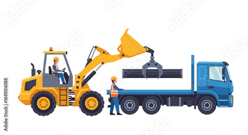 Illustration showing a loader lifting construction materials onto a truck