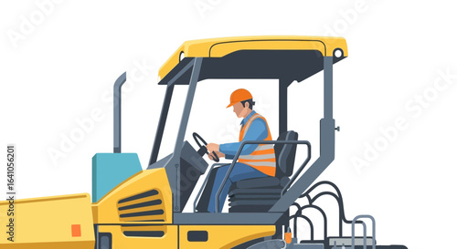 Isolated asphalt paving machine with worker, symbol of road construction