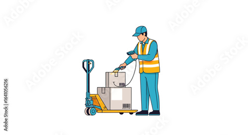 Logistics employee scanning package with barcode scanner for distribution