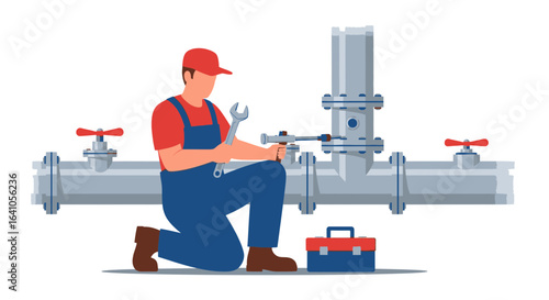 Isolated technician repairing pipeline with wrench illustration vector