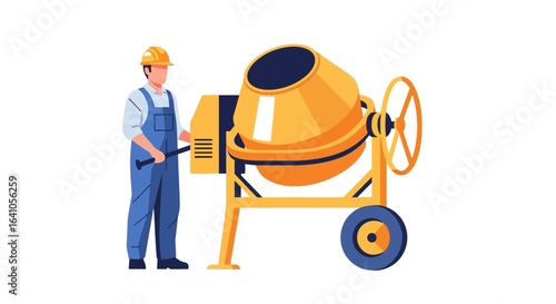 Man operating concrete mixer machine with industrial construction equipment