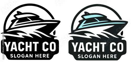 Yacht company logo featuring a stylized yacht, in black and white/light blue color variations.