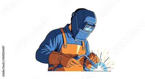 Skilled tradesman engaged in welding wearing protective equipment illustration