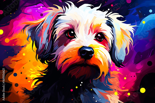 Cute fluffy dog painting, bright colors