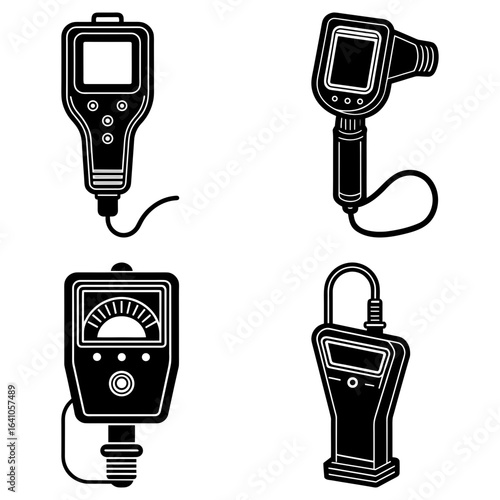 Four black and white illustrations of measuring devices with screens and buttons on a white background
