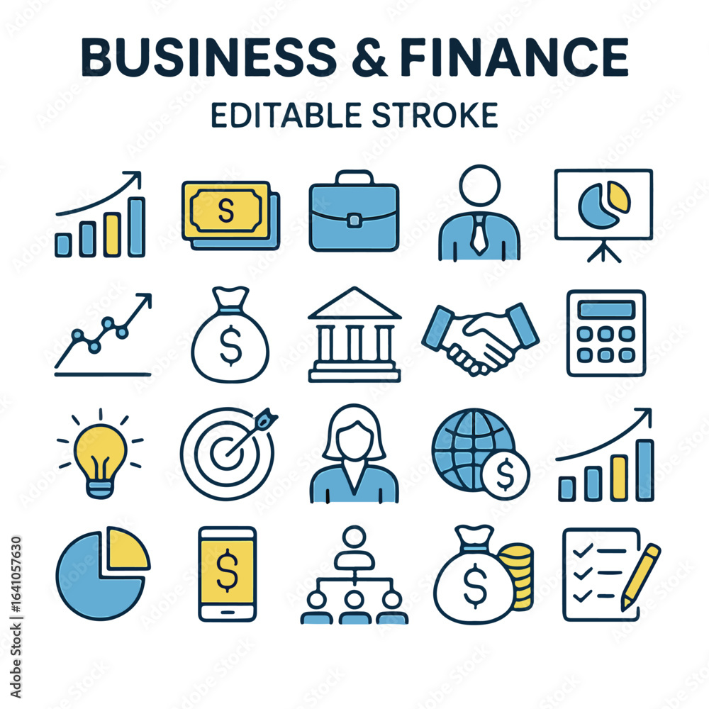 Obraz premium Business and Finance Icon Set with Editable Stroke for Presentations and Infographics Corporate Strategy and Investment Portfolio Diversification and Financial Planning