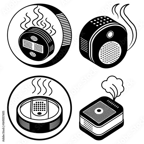 Illustration of four different air purifiers with steam coming out in black and white style design
