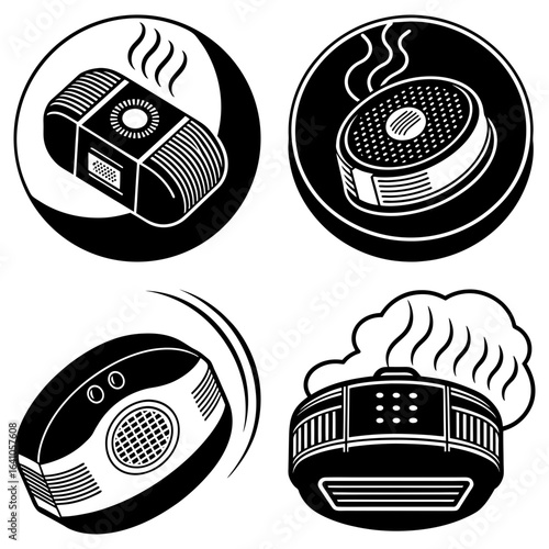 Illustration of four different designs of air fresheners in black and white circular backgrounds