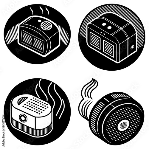 Four black and white isometric icons of humidifiers and diffusers on circular backgrounds displayed