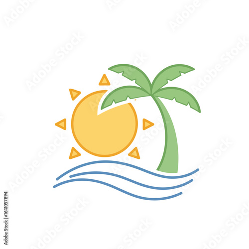 A serene summer icon. Fusing a sun, palm tree, and wave, it symbolizes beach getaways, warm weather, and the tranquil beauty of the ocean