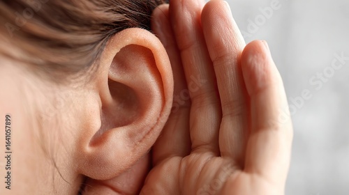 Close-up of human ear with hand cupped behind it on white background, selective focus emphasizing listening, hearing, and communication concept