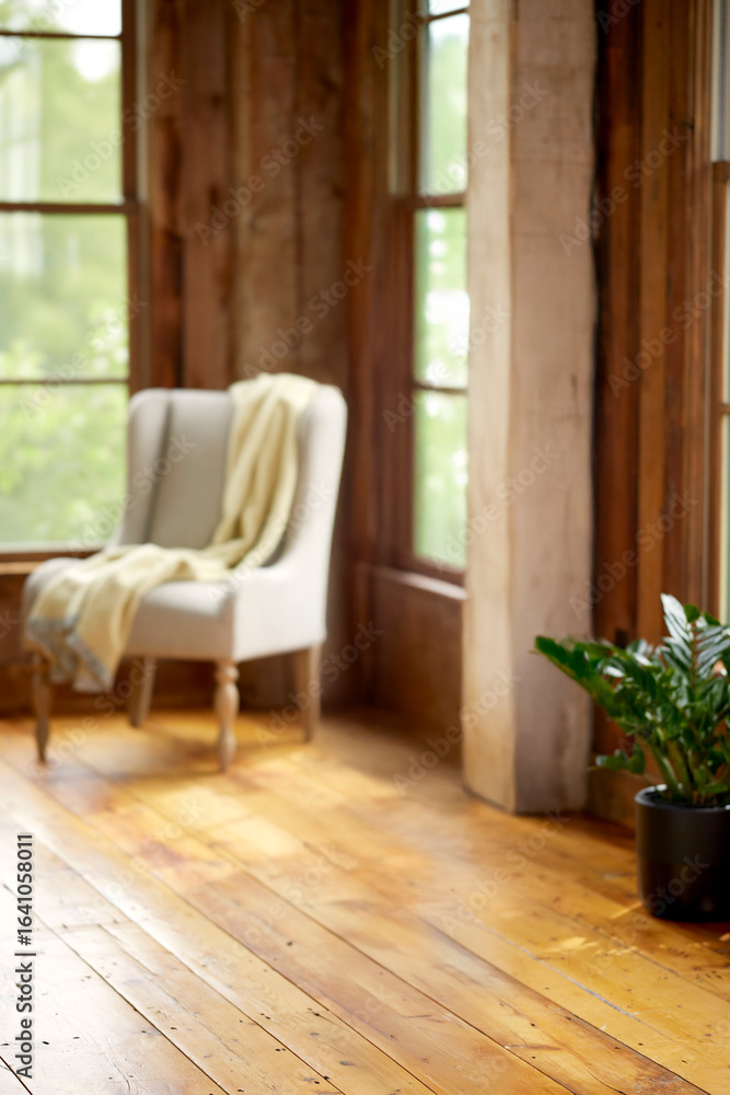 Fototapeta premium Light beige armchair with yellow throw blanket in rustic room furniture interior