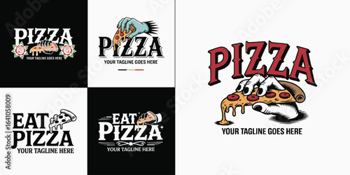 Pizza typography with hand holding cheesy slice in vintage retro style for food lover t shirt design