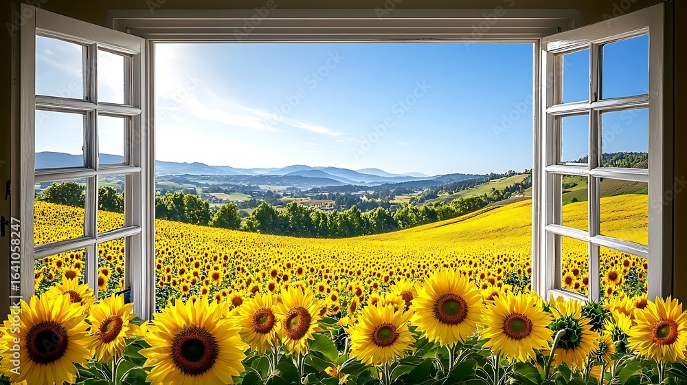 Obraz premium Sunflower field view from window