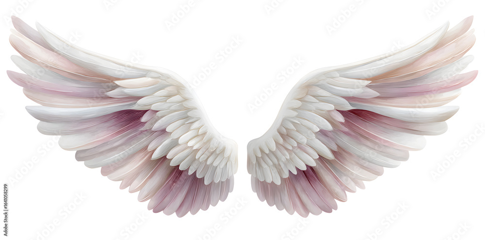 Fototapeta premium Soft pastel white angel wings with pink and blue gradient, isolated on white, symbolizing purity and fantasy.