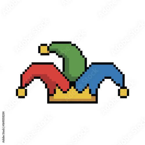 Pixel Art Jester Hat with Bells in Red Green and Blue