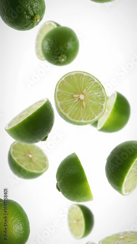 Vibrant green whole, halved, and sliced limes, dew-kissed and glistening, float and cascade in slow-motion with a vertical pan on a brilliant white studio background with bokeh. Concept of refreshing