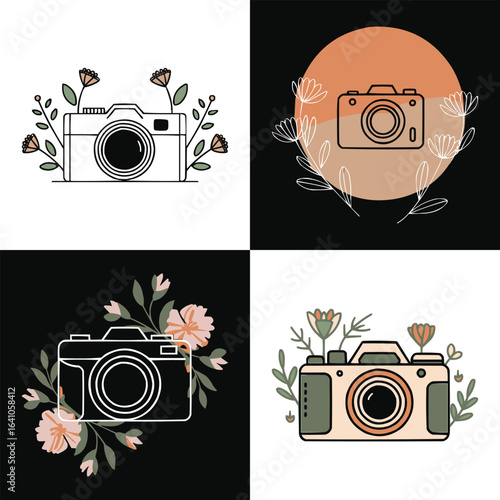 Collection of four stylized vintage cameras with floral elements, showcasing different artistic interpretations and color palettes, perfect for photography themes