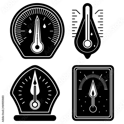 Illustration of four black and white gauges and thermometers indicating measurement levels and humidity
