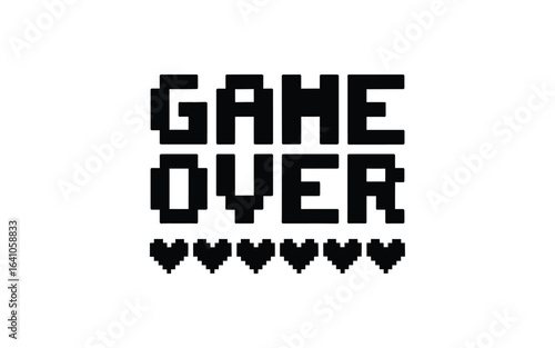 Retro Game Over Pixel Art with Hearts on White Background