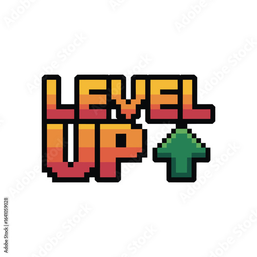 Pixelated Level Up Text with Green Arrow for Gaming Concept