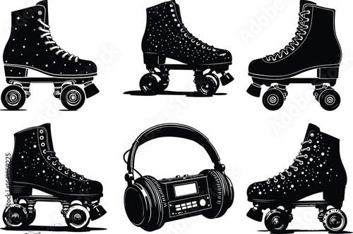 Roller Skates and Bat Silhouette Vector Bundle"