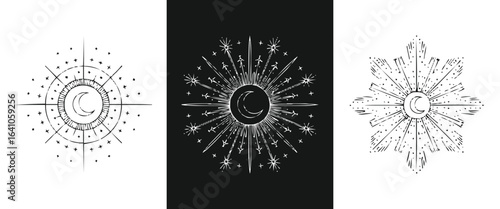 Set of three celestial sun and starburst symbols with a vintage, distressed texture, isolated on white and black backgrounds