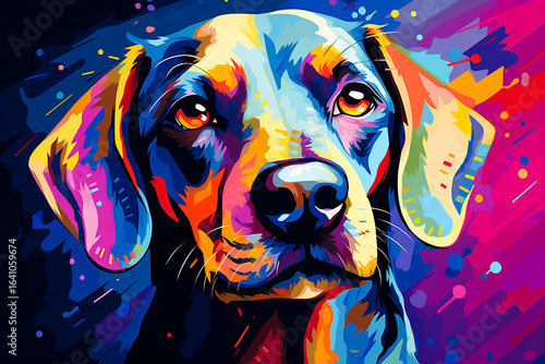 A colorful painting of a black Labrador retriever.